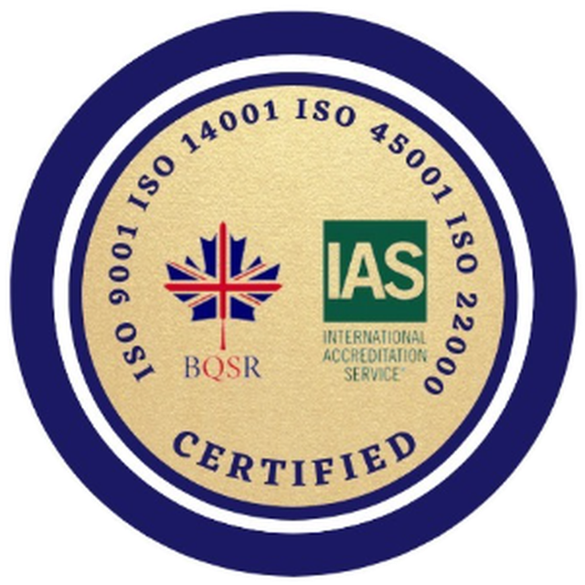 BQSR certification seal, accredited by IAS — ISO 9001, ISO 14001, ISO 45001, ISO 22000
